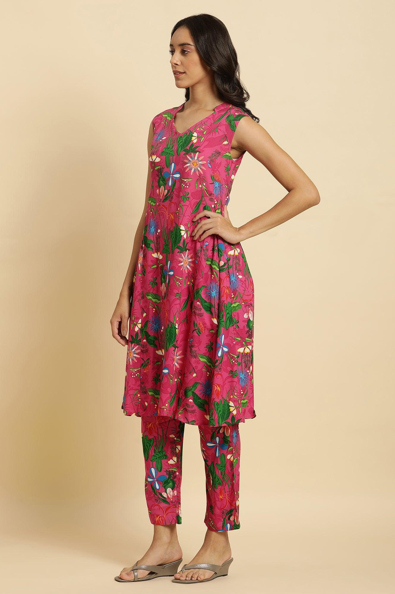 Pink and Orange Floral Printed Sleeveless Tunic/Co-ord Set.