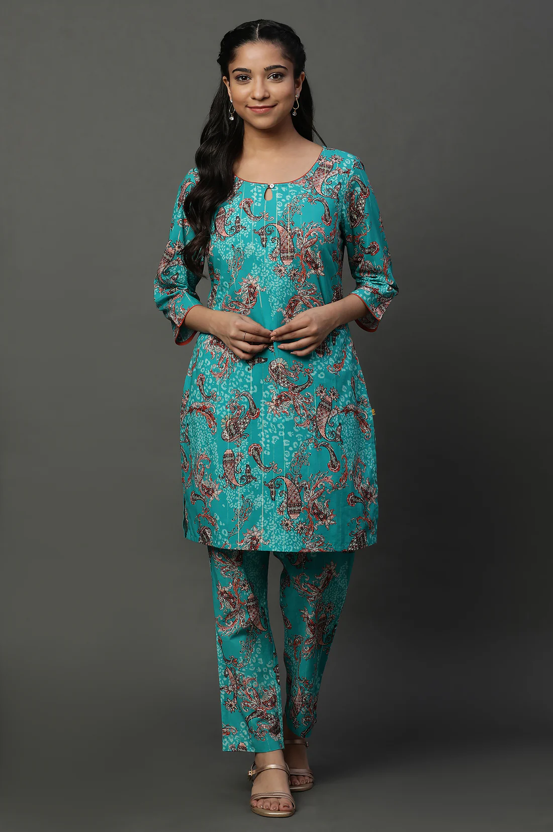 Turquoise Blue Floral Printed Kurta Set with Chevron Pants.