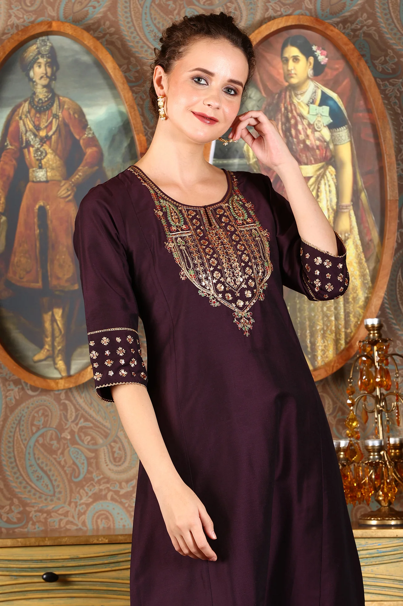 Wine Solid Flared Kurta with Embroidered Yoke and Matching Dupatta.