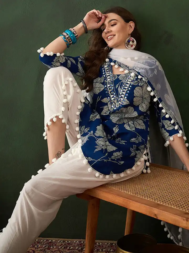 Blue & White Floral Printed Kurta with Dhoti Pants Set.