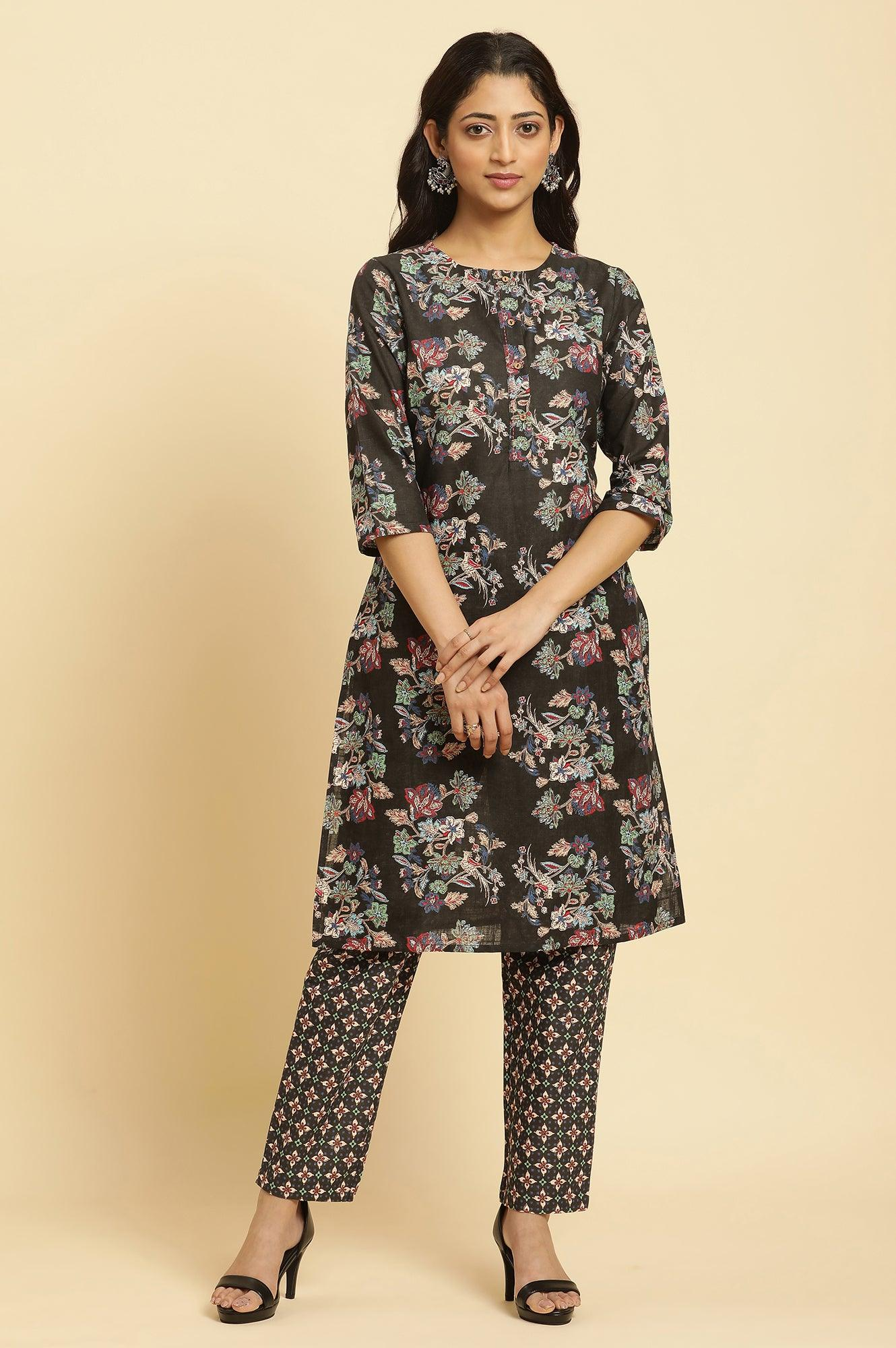 Black Floral Printed Short Kurta (or Kurti) with Contrast Trousers.