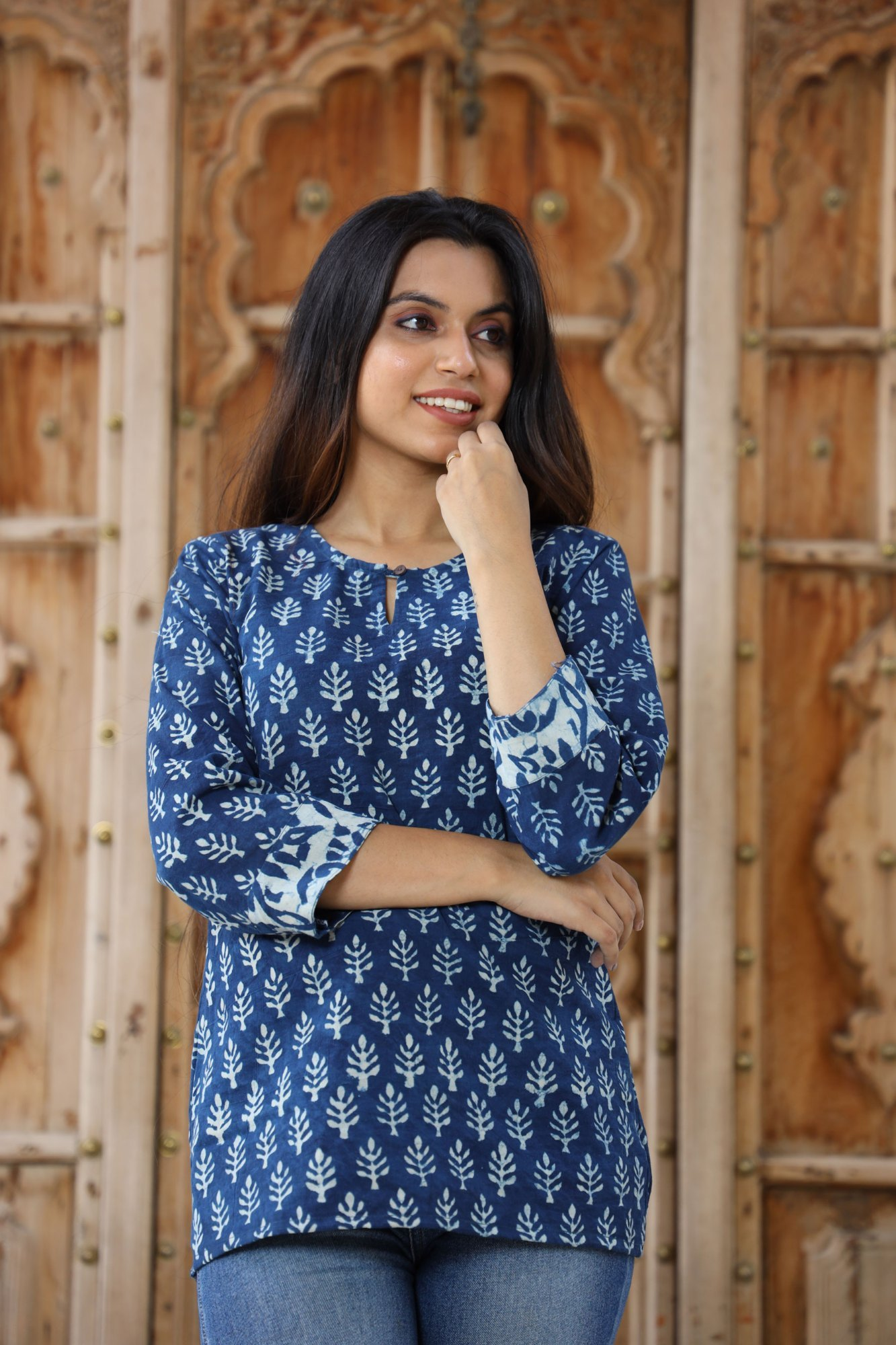 Blue & Indigo Ikat Printed Short Kurti (Tunic).